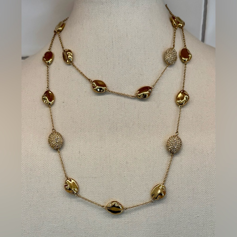 Chico’s Gold-Tone Long Pebble & Pavé Station Necklace, 40–44”, EUC ✨🌟